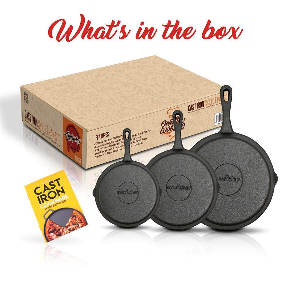 3-Piece NutriChef Cast Iron Skillet Set