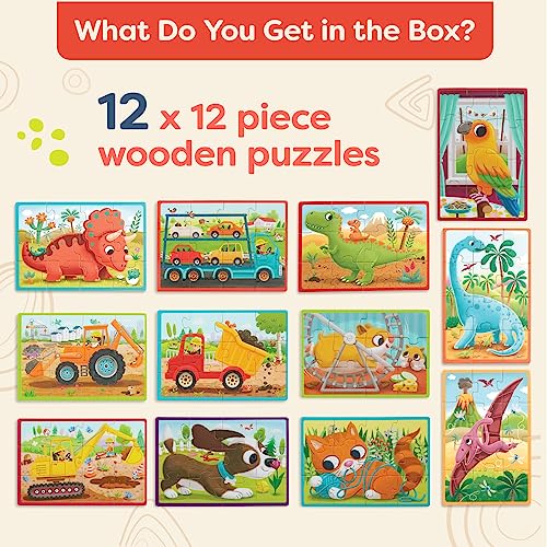 3-Pack Wooden Puzzles for Kids - Pets, Dinos, Trucks