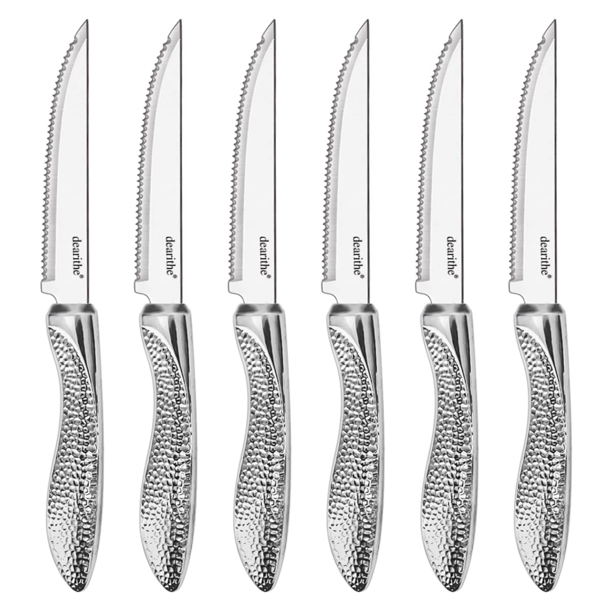 dearithe Steak Knives Set of 6, Stainless Steel Serrated Sharp Blade Steak Knife Set, Hammered Pattern Handle,4.5 In,For Kitchen Restaurant Tableware, Dishwasher Safe