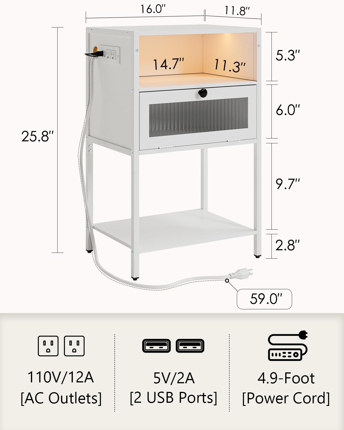 Masupu Nightstand with Charging Station and LED Lights, Bedside Table with Storage, Modern Side Table End Table with Glass Decorative Door for Bedroom, Living Room, White