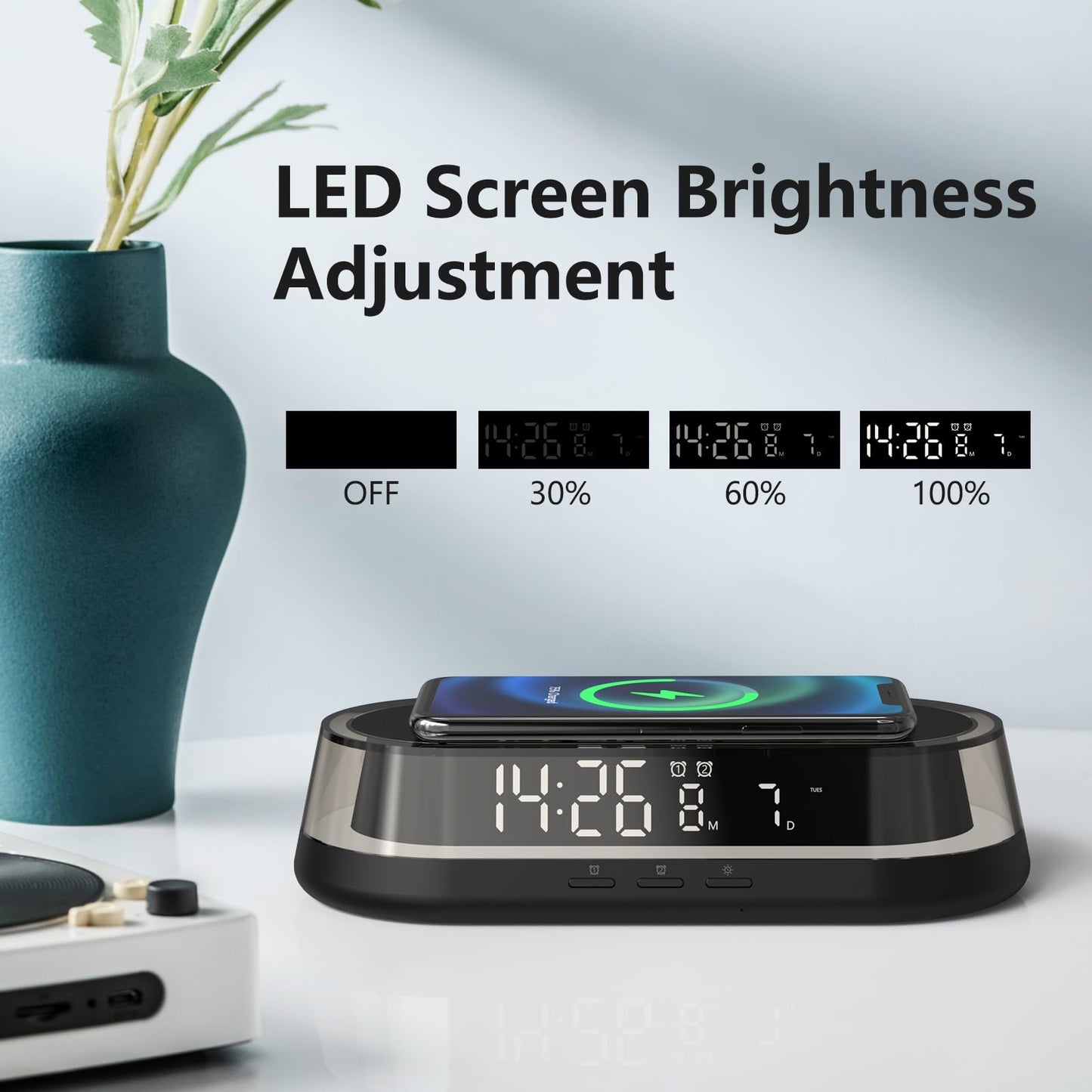 VOILEIPAGI Alarm Clock with Wireless Charging, Alarm Clock for Heavy Sleepers Adults, Smart Clock with Night Light,Snooze, Date, Bedside Digital Dual Alarm Clock, Alarm Clocks for Bedrooms Black