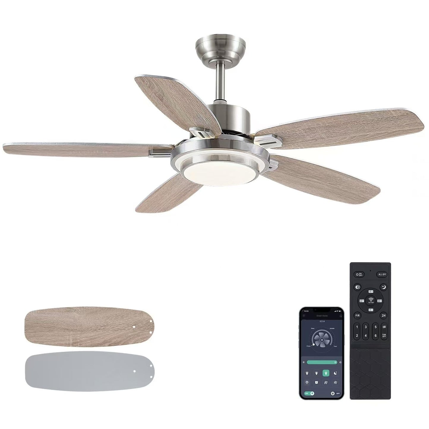 Ceiling Fan with Light and Remote/APP Control,50" Modern Indoor Ceiling Fan with DC Reversible Motor, Quiet 6 Speeds Flush Mount Ceiling fan Light for Bedroom,Dinnig Room,Brushed Nickel