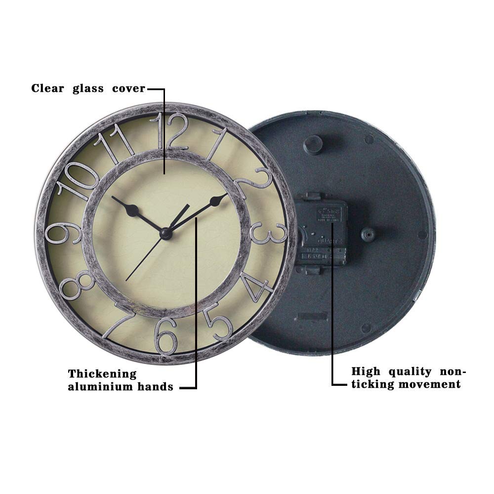 SAC SMARTEN ARTS 8" Silent Quartz Wall Clock Non-Ticking Digital Silver Clocks with 3D Numbers and Plastic Bezel Easy to Read Vintage Wall Clock