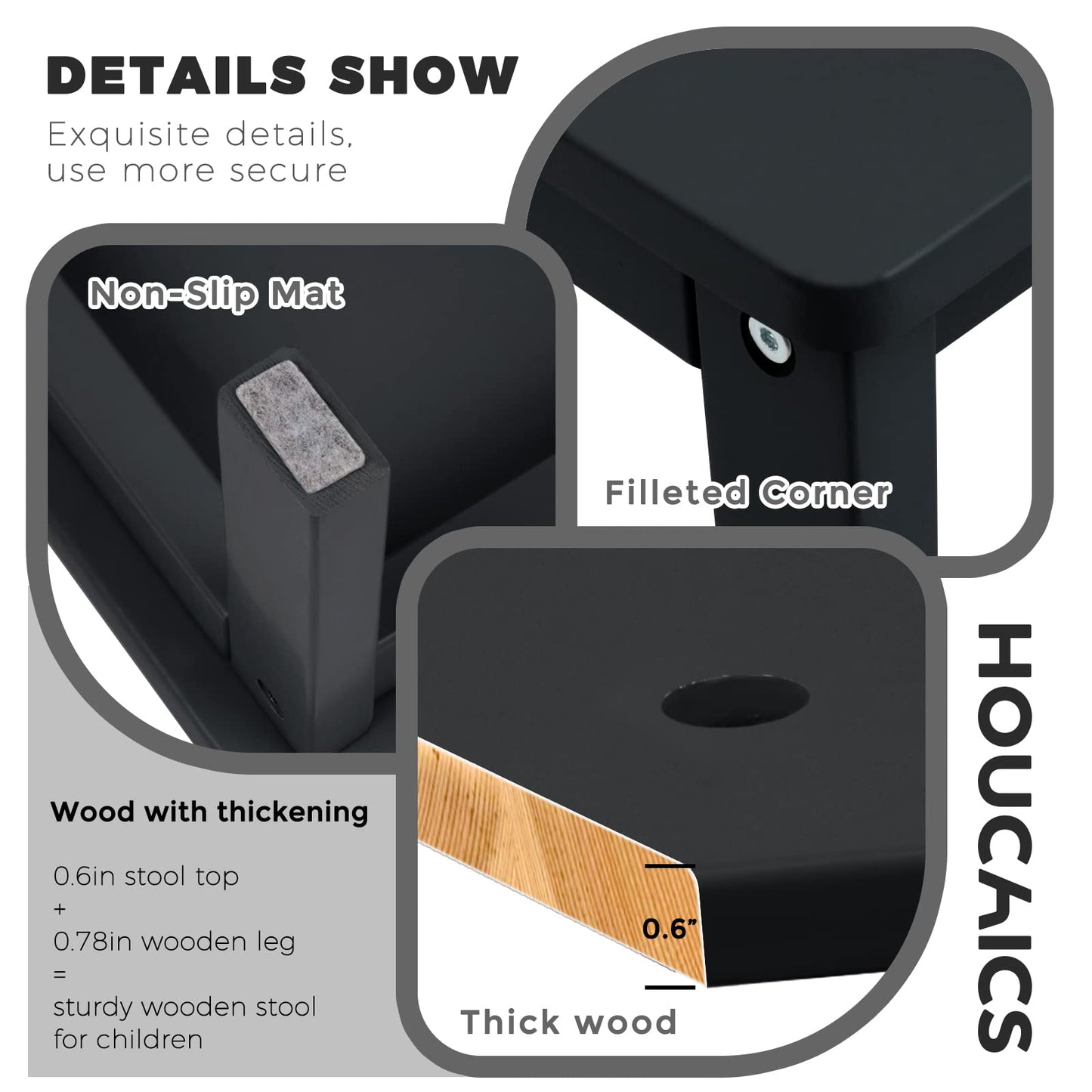HOUCHICS Black Wooden Step Stool for Kids,Wood Stool for Kitchen Bedroom Living Room Bathroom Toilet Nursery Toddlers Potty Training Stool with Non-Slip Pads and 220lb Load Capacity (White