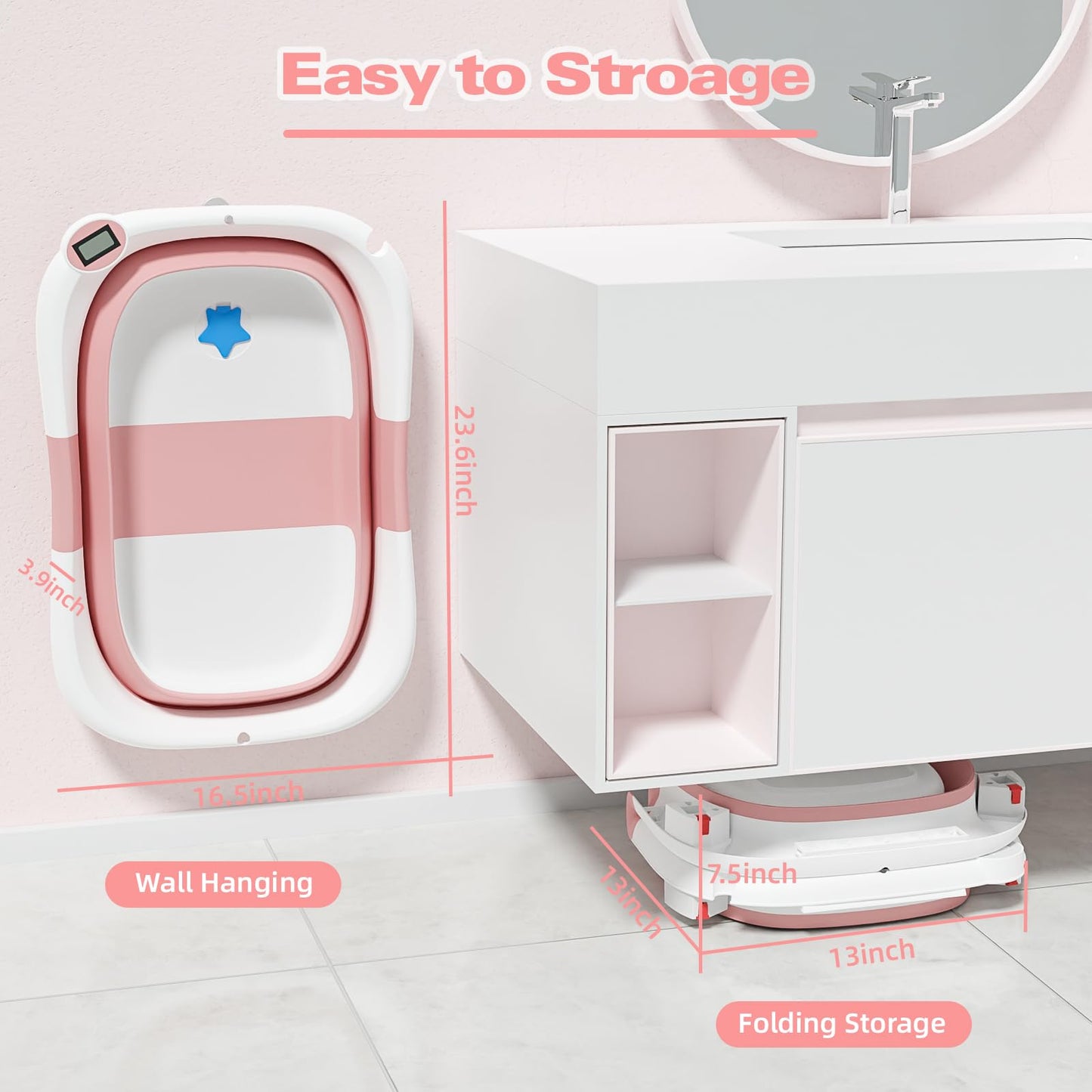 NAPEI Collapsible Baby Bathtub,Baby Bath Tub with Soft Cushion & Thermometer,Baby Bathtub Newborn to Toddler 0-36 Months,Portable Travel Baby Tub,Pink