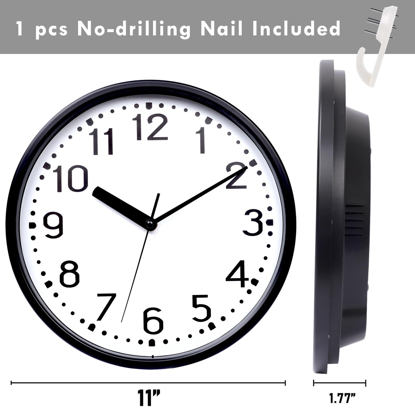 Hiopeak 11 Inch Wall Clock Black Silent, Non-Ticking Decorative Rustic Analog Quartz Wall Clock Battery Operated for Bedroom Living Room Kitchen Farmhouse Office School (Black)