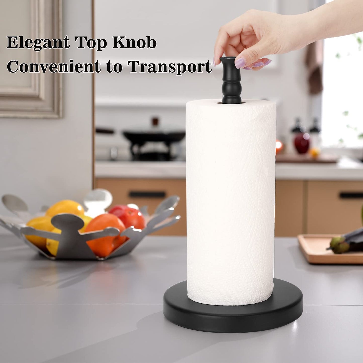 Sfemn Paper Towel Holder Countertop, Weighted Base for One-Handed Tear, Free Standing Paper Towel Holder Stand, Stainless Steel Paper Towel Dispenser for Kitchen Countertop (Black Matte)