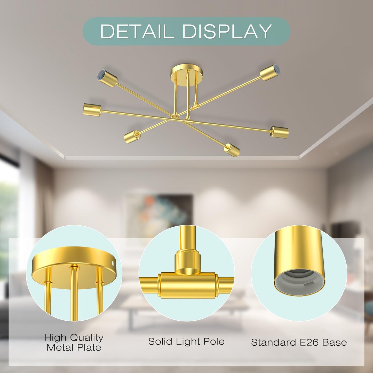 Sunwish Sputnik Chandelier, 6-Light Gold Flush Mount Ceiling Light Fixture Dining Room, Modern Chandeliers for Bedroom Lights with E26 Base, Bulbs Not Included (Gold- 6 Light)