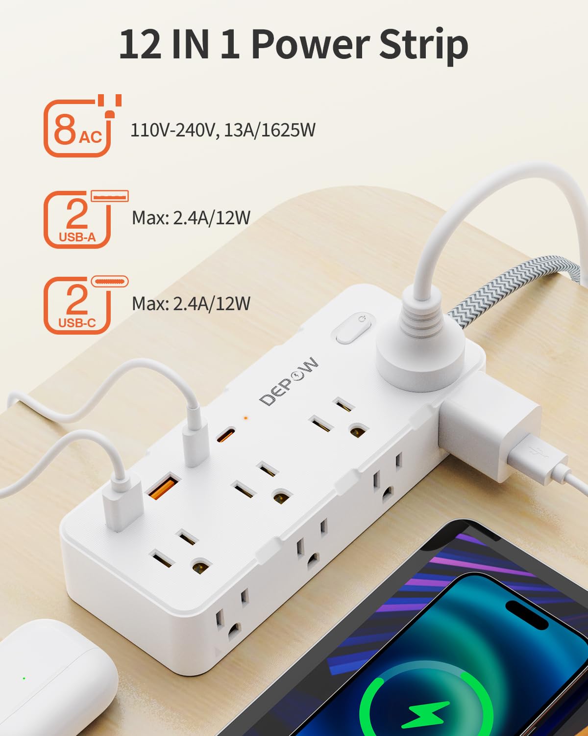 DEPOW 8 Outlet Surge Protector with USB Ports