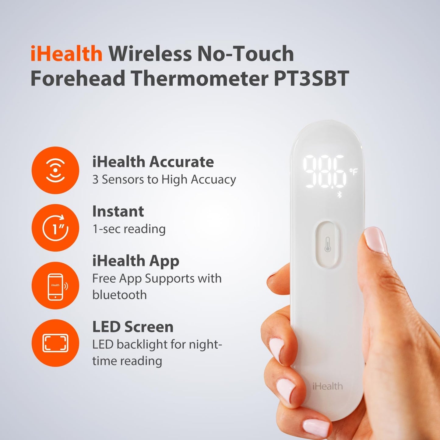 iHealth Smart Bluetooth Thermometer for Adults and Kids - Wireless No-Touch Digital Thermometer for Forehead - 3 Ultra-Sensitive Sensors, Large LED Digits, Vibration Mode - for Home Use, PT3SBT