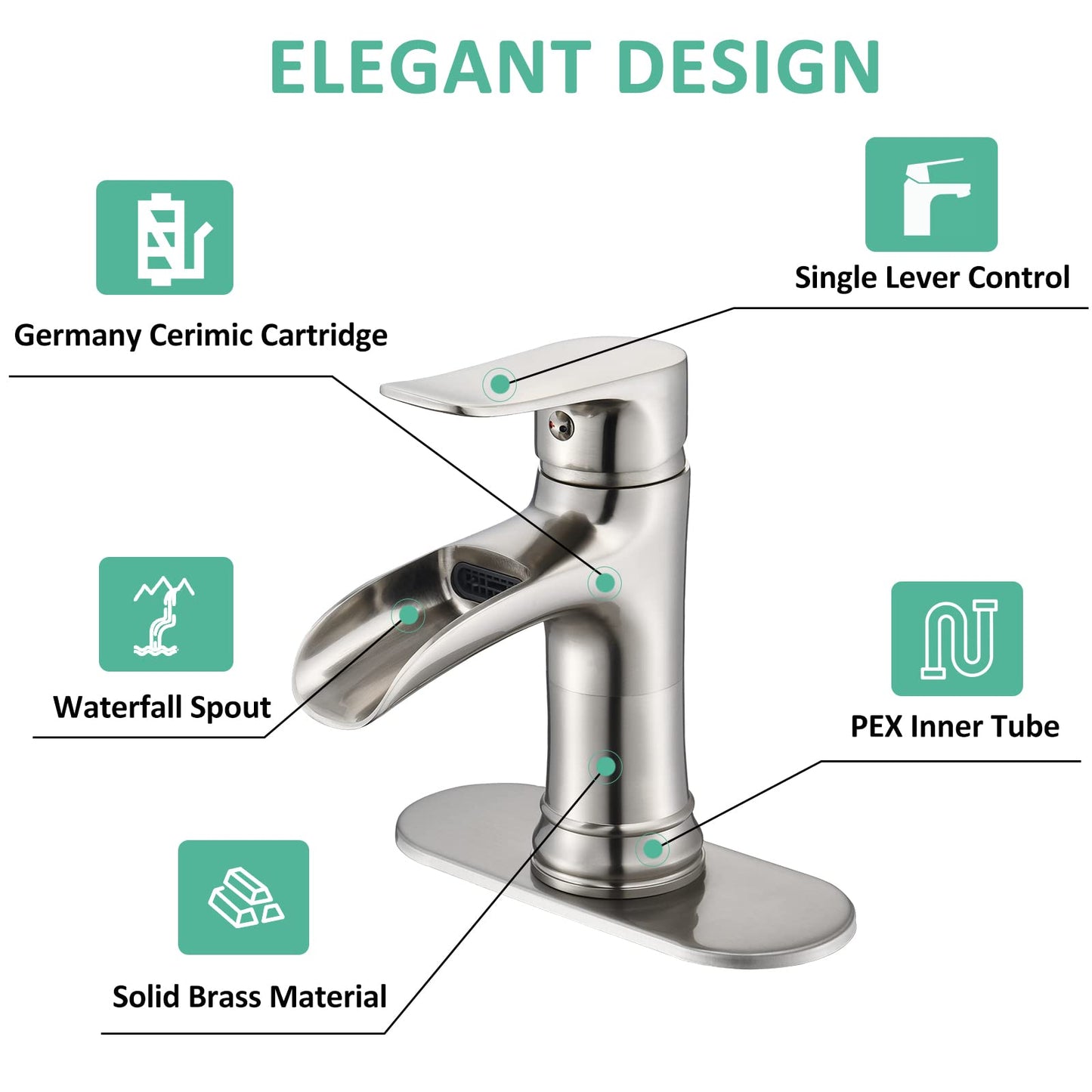 Waterfall Bathroom Faucet Burshed Nickel Single Hole One Handle for Vessel Sink with Brass Pop Up Drain by Yodel Faucet