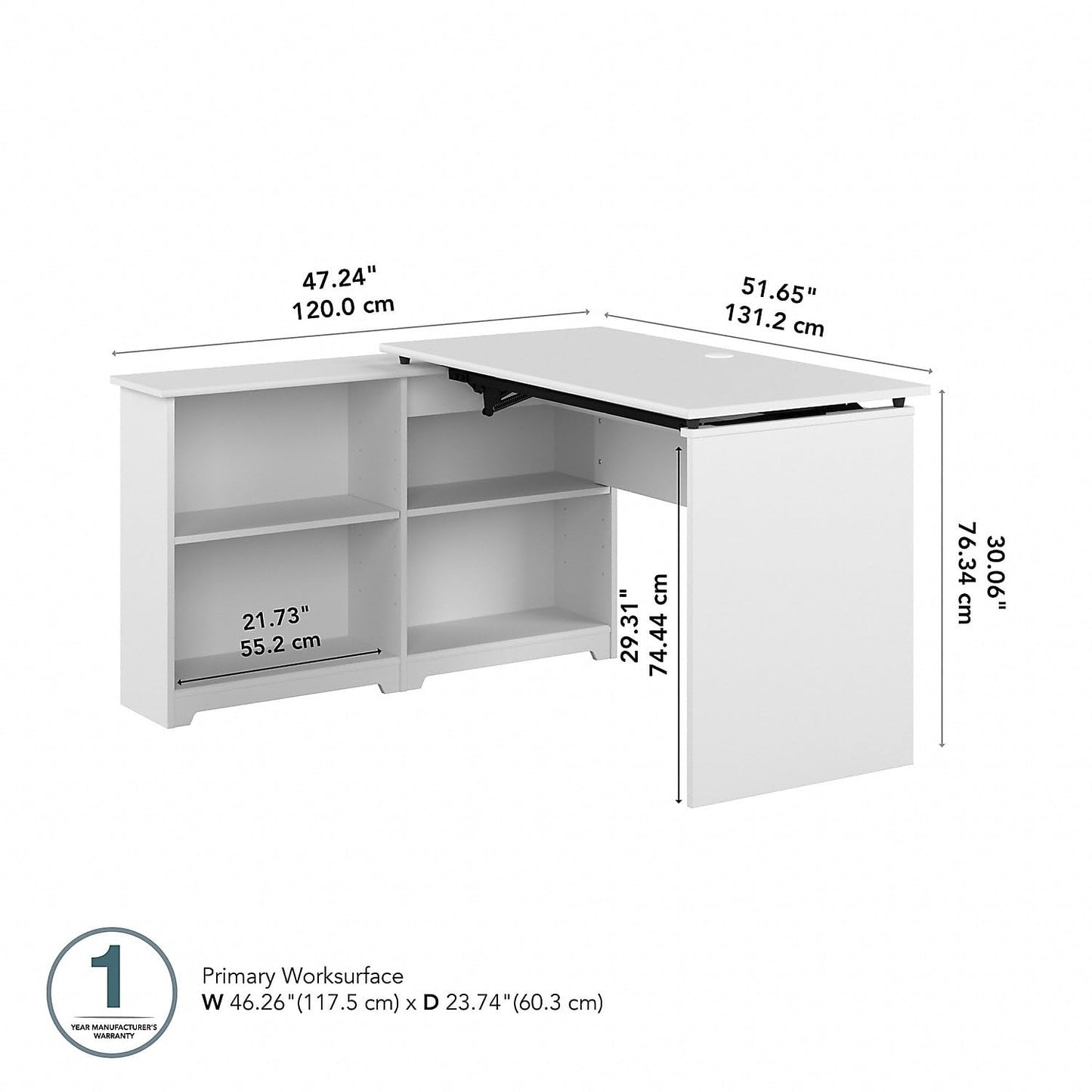 Bush Furniture Cabot 3 Position Sit to Stand Bookcase Corner Desk with Shelves, 52W, White