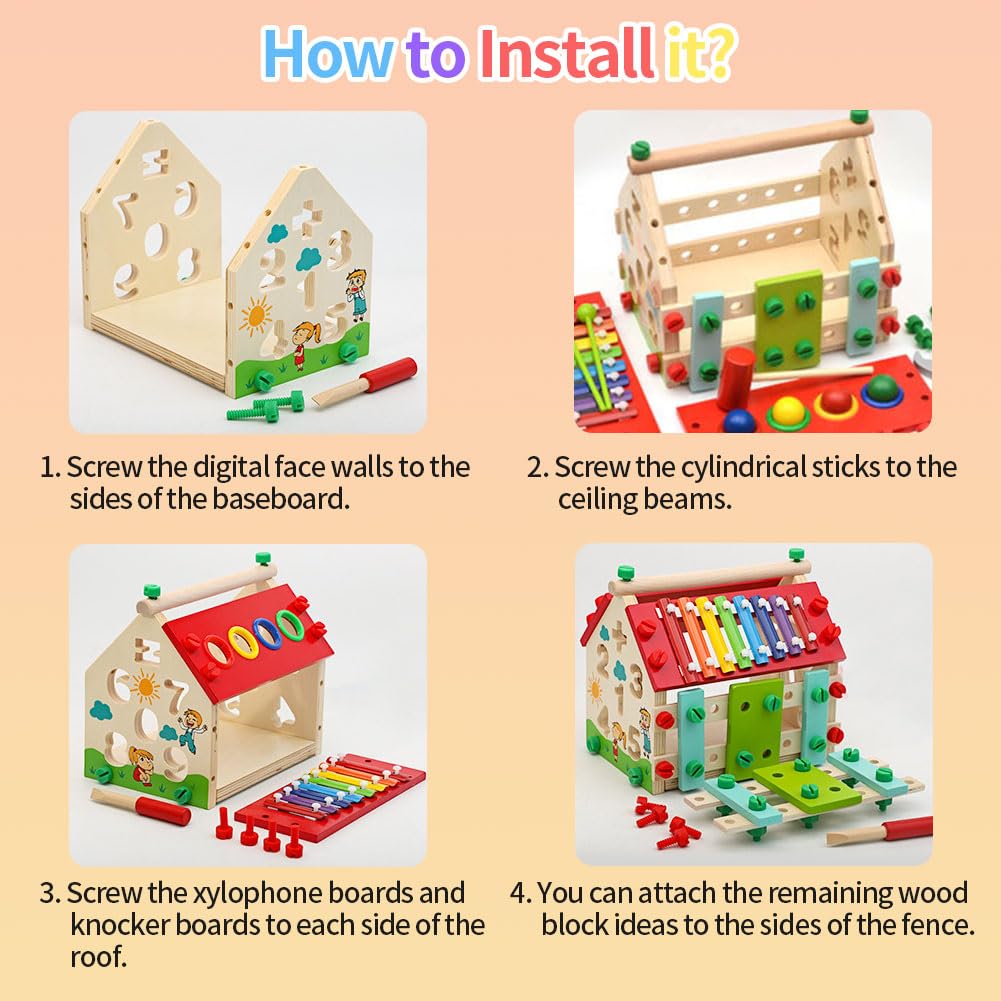 Aozzy Montessori Busy House Toy, 6 in 1 Wooden Activity Cube for Toddlers 1-3 with Xylophone Digital Screws, Sensory Toys for Toddler, Fine Motor Skills, Birthday Gift for Toddler