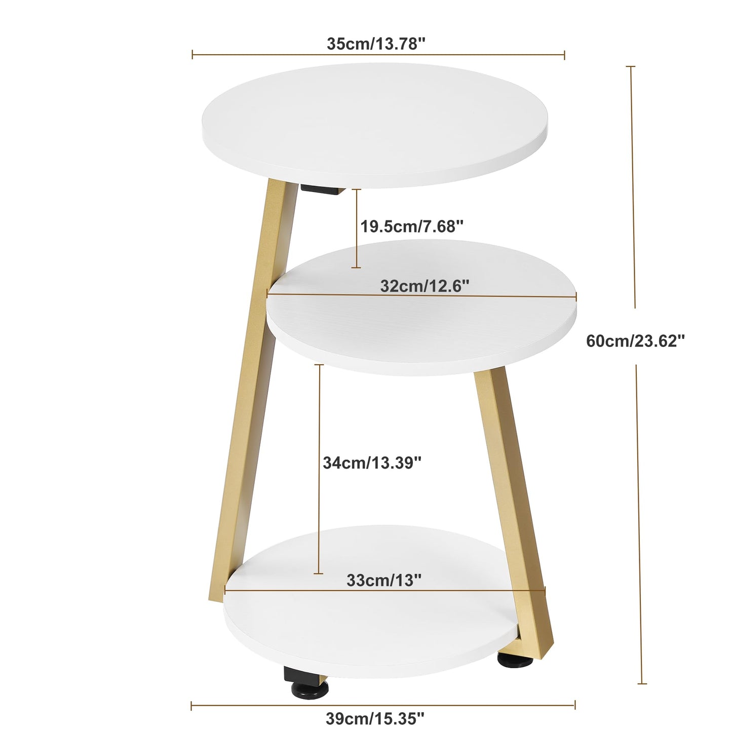 BEWISHOME Round End Table Side Table with Metal Frame, Accent Bedside Table Nightstand with 3-Tier Shelves, Small Table for Living Room Bedroom Couch Table Small Coffee Table White Gold KTZ41M