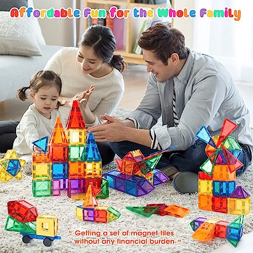 MagHub Magnetic Tiles 65 Piece Colorful Magnetic Blocks Set with car, Unique Clear 3D Magnetic Building Blocks for 3+ Years Old Boys and Girls, STEM Construction Preschool Magnets for Kids Toddlers