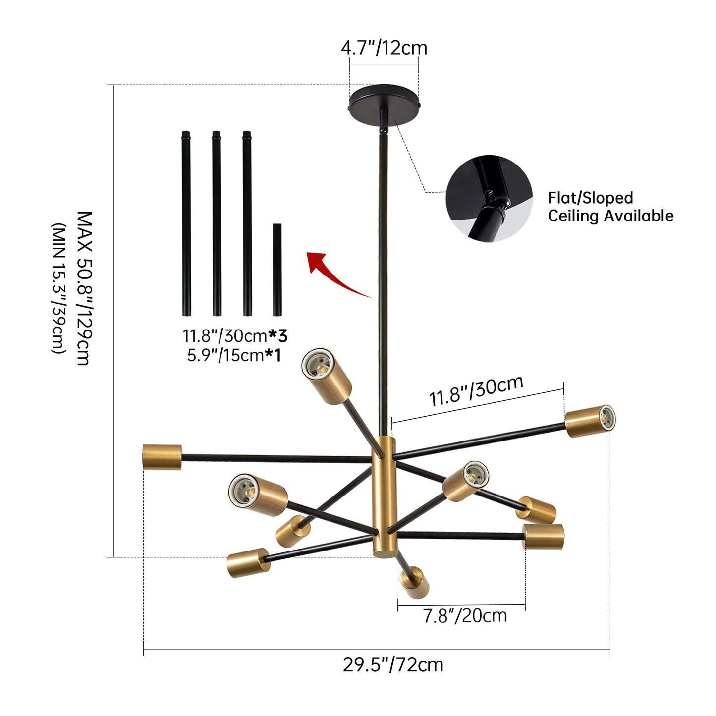 10-Light Modern Black and Gold Chandelier Pendant