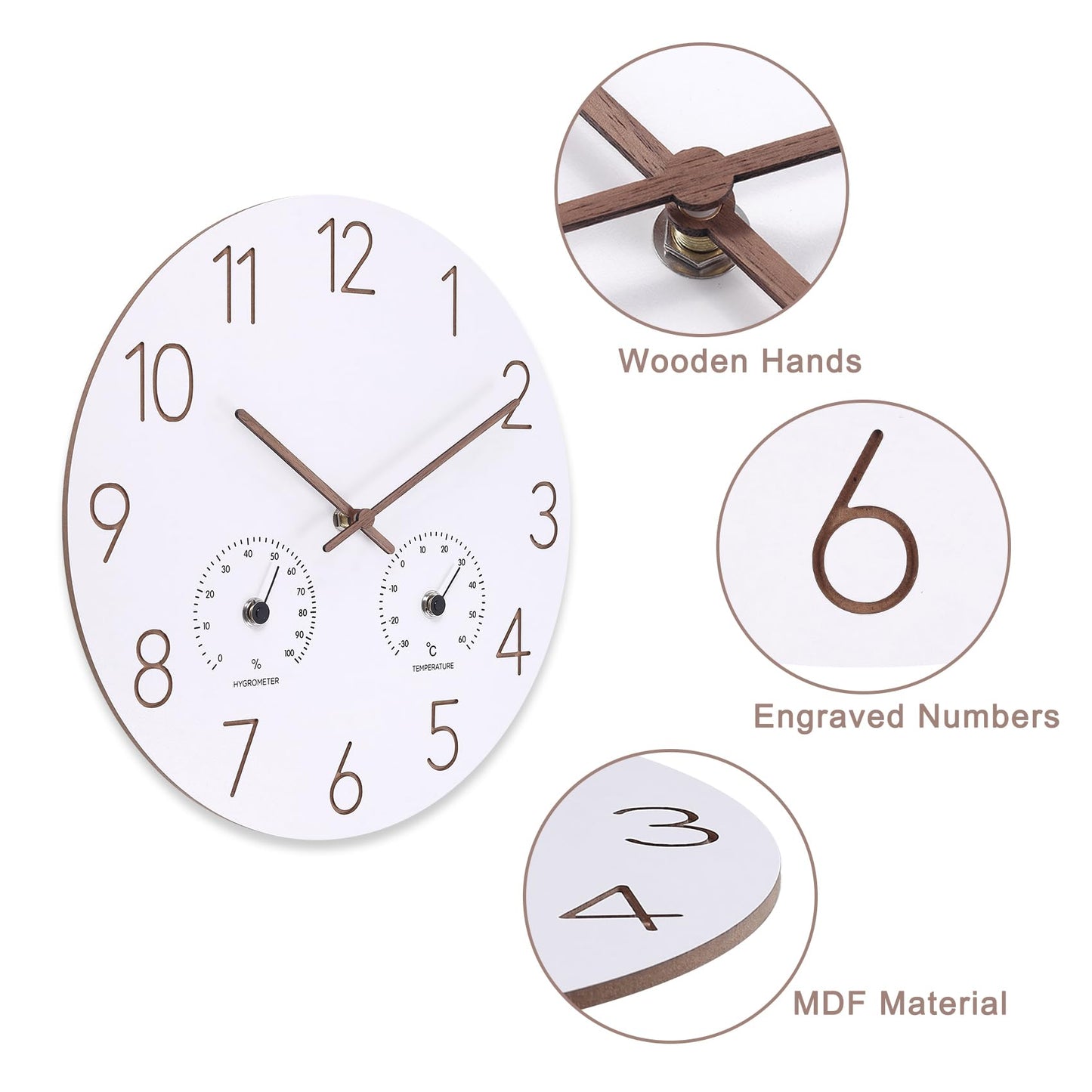 Vigorwise 12Inch Wall Clock with Temperature & Humidity, Wooden Frame Wall Clocks, Sweep Silent Movement Accurate Clocks, Decorative for Kitchen Home Housewarming Xmas New Year Present