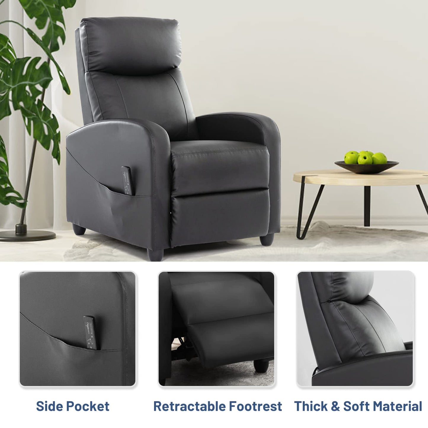 FONTOI Living Room Recliner Chair, Massage Reclining Single Sofa Adjustable Home Theater Seating with Thick Seat Cushion and High Back Padded Backrest, Black