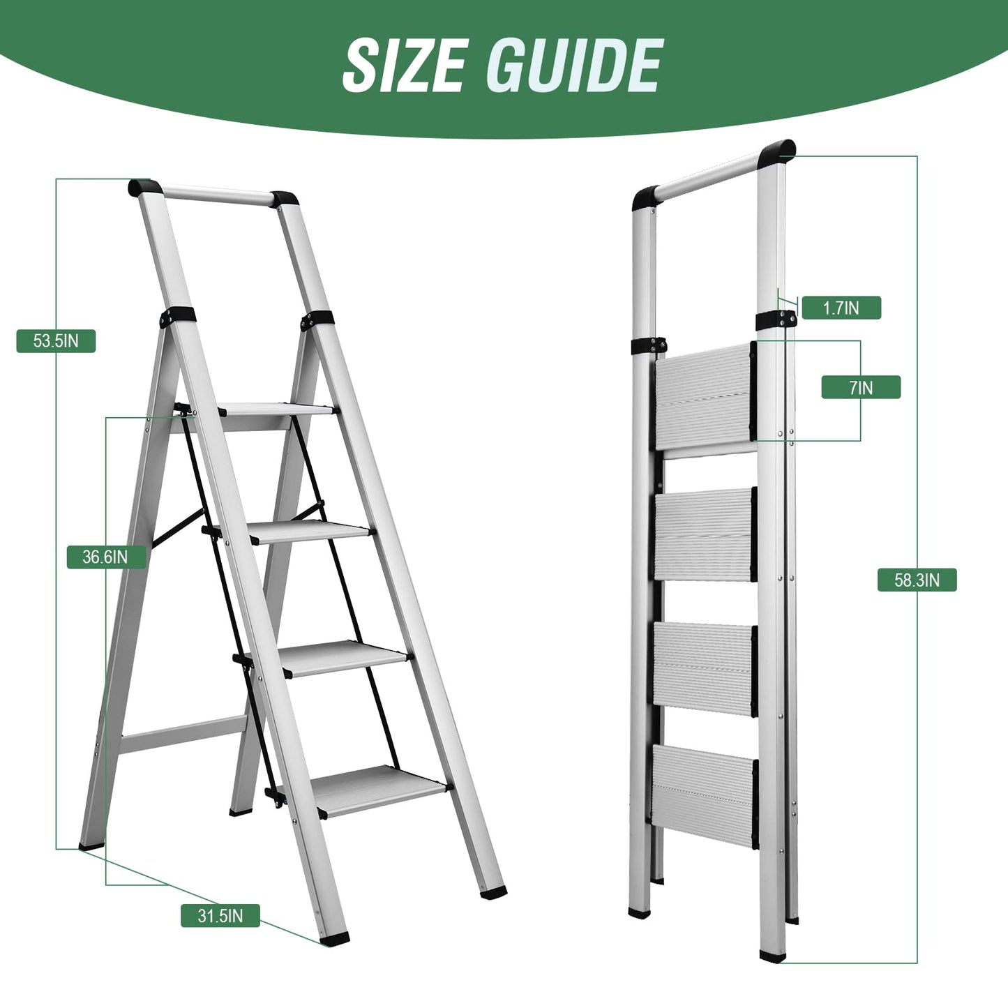 HBTower 4 Step Ladder, Aluminum Ladder with Handrails, Folding Step Stool for Adults, 330LBS Capacity Sturdy& Portable Ladder for Home Kitchen Library Office, Sliver