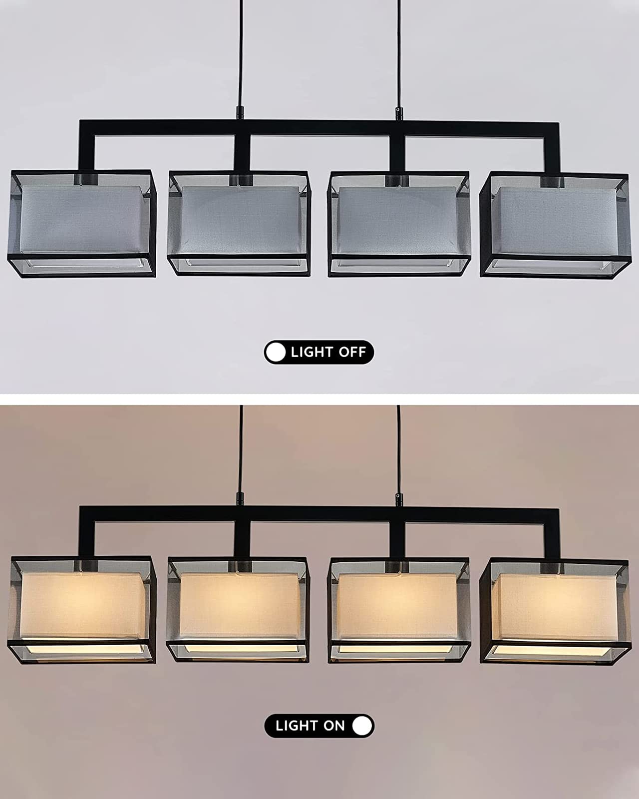 7PMBEANE Modern Rectangular Chandelier Hanging Light Fixture 4 Lights with Fabric Lampshade Adjustable for Dining Living Room Restaurant (Black)
