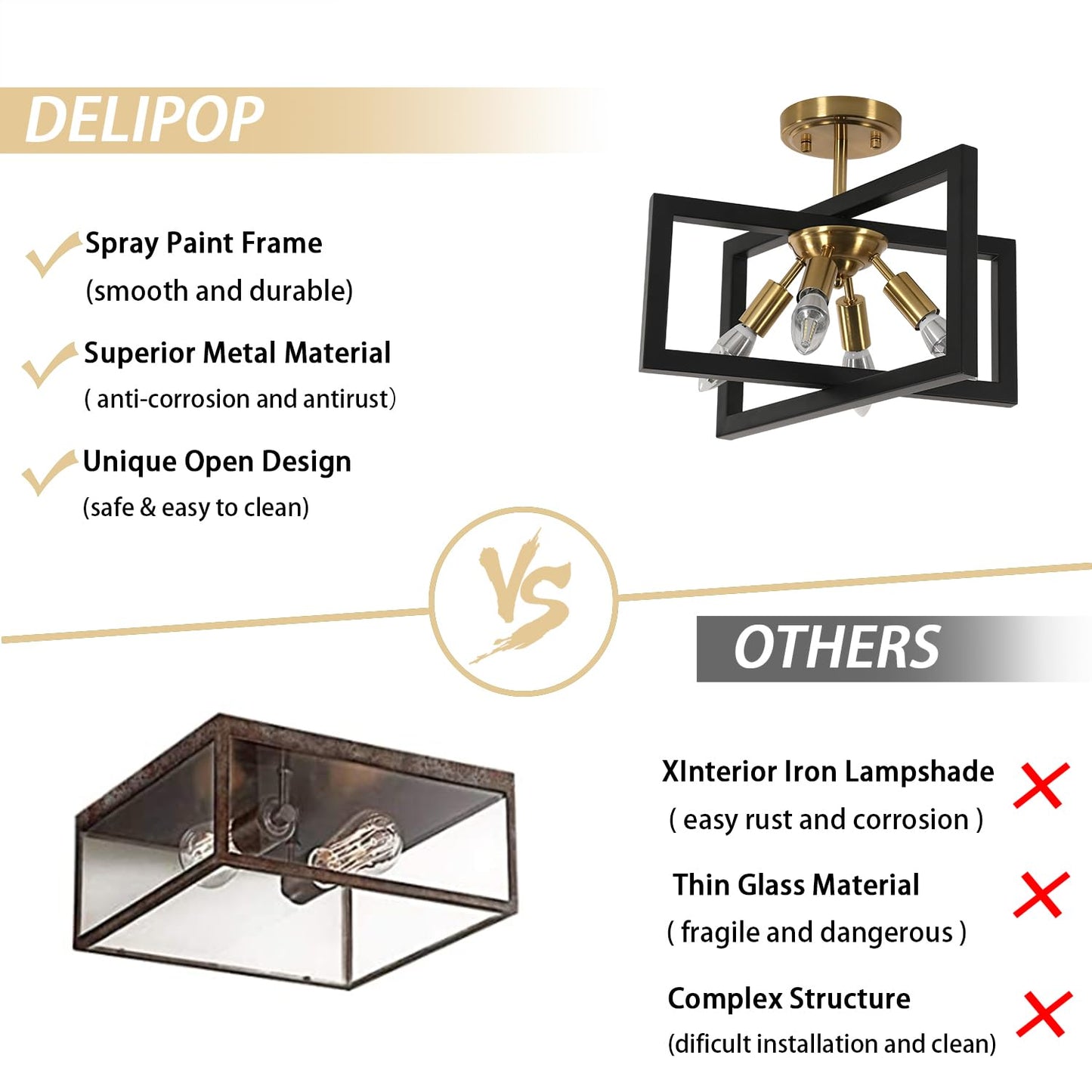 DELIPOP Semi Flush Mount Ceiling Light, 4-Light Gold Farmhouse Industrial Ceiling Light Fixtures with Black Square Metal Frame Close to Ceiling Light for Kitchen, Dining Room, Living Room, Bedroom