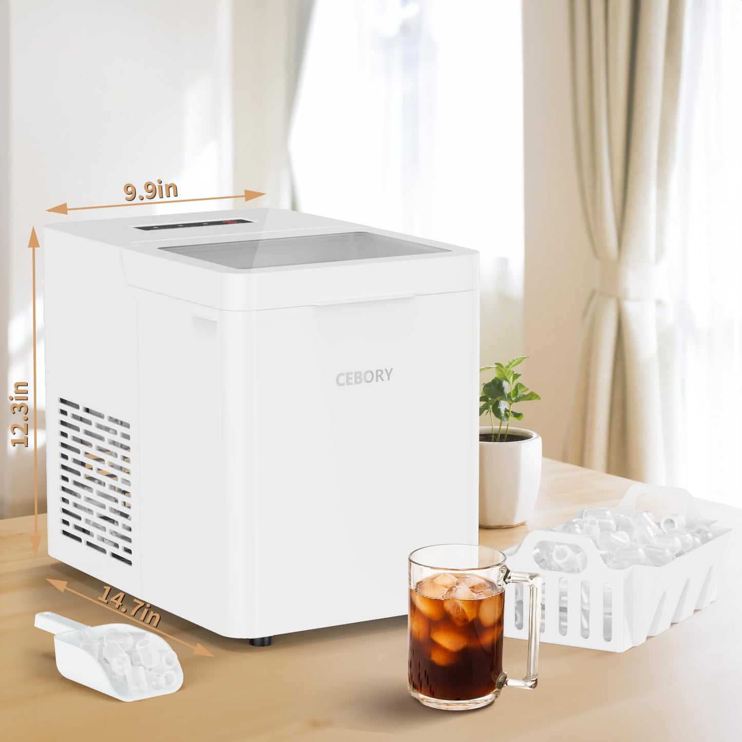 CEBORY Countertop Ice Maker, 9Pcs/6Mins, 36Lbs/24Hrs, Self-Cleaning Ice Machine with 2 Ice Scoop and Basket, One-Click Operation 2 Sizes of Bullet Ice, Portable Ice Maker for Home/Kitchen/Office/Bar