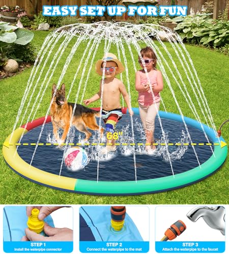 Non-Slip Splash Pad for Kids, 0.55mm Thicken Dog Pool Sprinkler Durable Inflatable Splash Pad, Fun Backyard Fountain Play Mat, Dogs Pet Outdoor Pool Water Toys Summer Gift for Baby Toddler Ages 3+