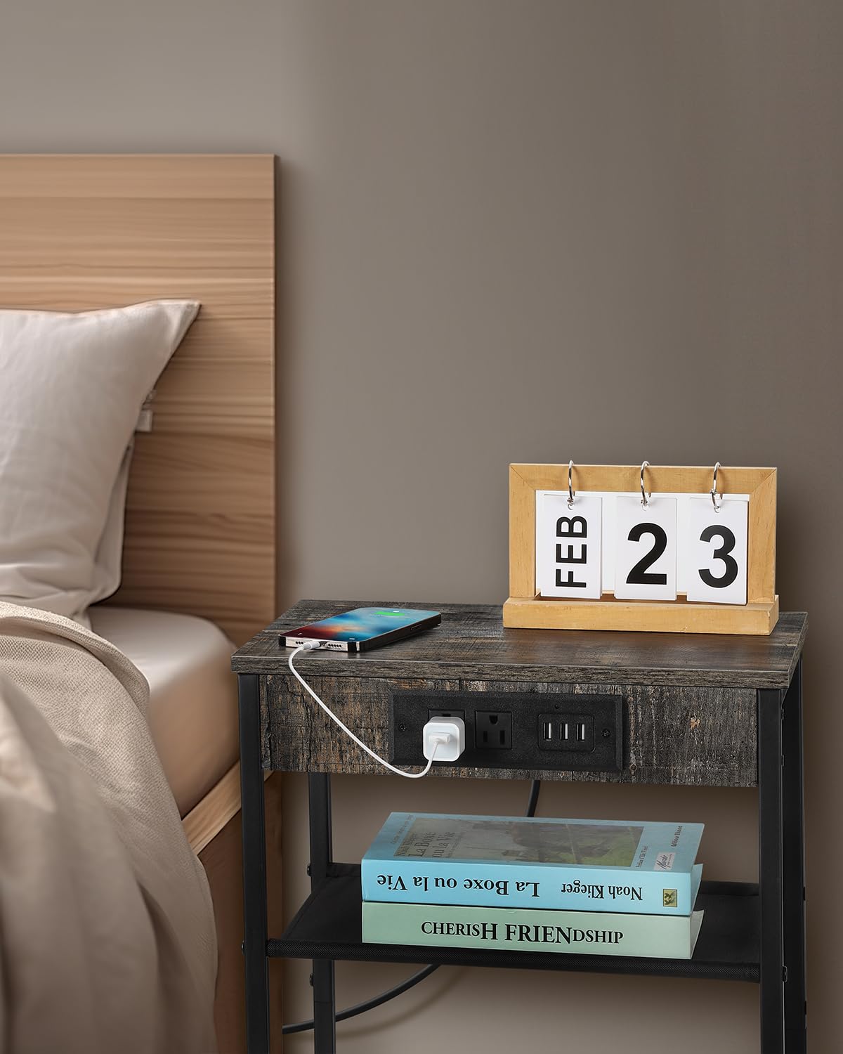 MOOACE End Tables Set of 2 with Charging Station and USB Ports, Bedside Storage Organizer, Nightstand, Small Cabinet, Closet for Bedroom, Living Room, Office and College Dorms, Gray