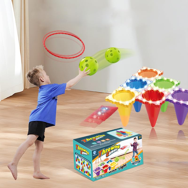 Carnival Outdoor and Indoor Games with LED Lights Combo Set for Kids 3 in 1 Throwing Game Toys Ring Toss, 30 Piece Cornhole Bean Bags, Plastic Cone Games, with LED Lights for Kids Night Play