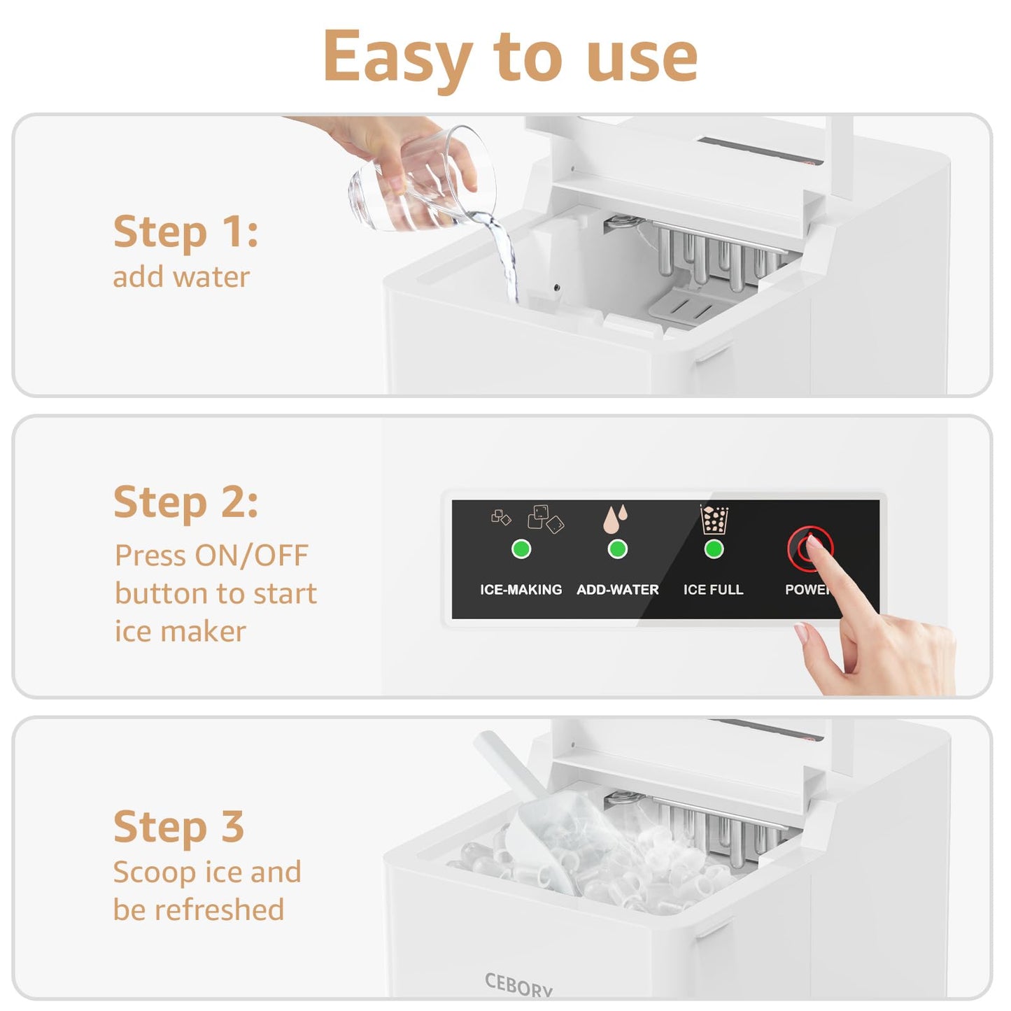 CEBORY Countertop Ice Maker, 9Pcs/6Mins, 36Lbs/24Hrs, Self-Cleaning Ice Machine with 2 Ice Scoop and Basket, One-Click Operation 2 Sizes of Bullet Ice, Portable Ice Maker for Home/Kitchen/Office/Bar