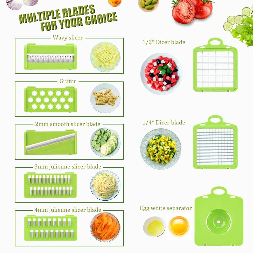 Vegetable Chopper Onion Chopper Cutter Pro 14 in 1 Food Chopper Slicer Dicer Kitchen Manual Veggie Chopper Cutter with 8 Blades Container Drain Basket for Tomato Potato Carrot Chopper