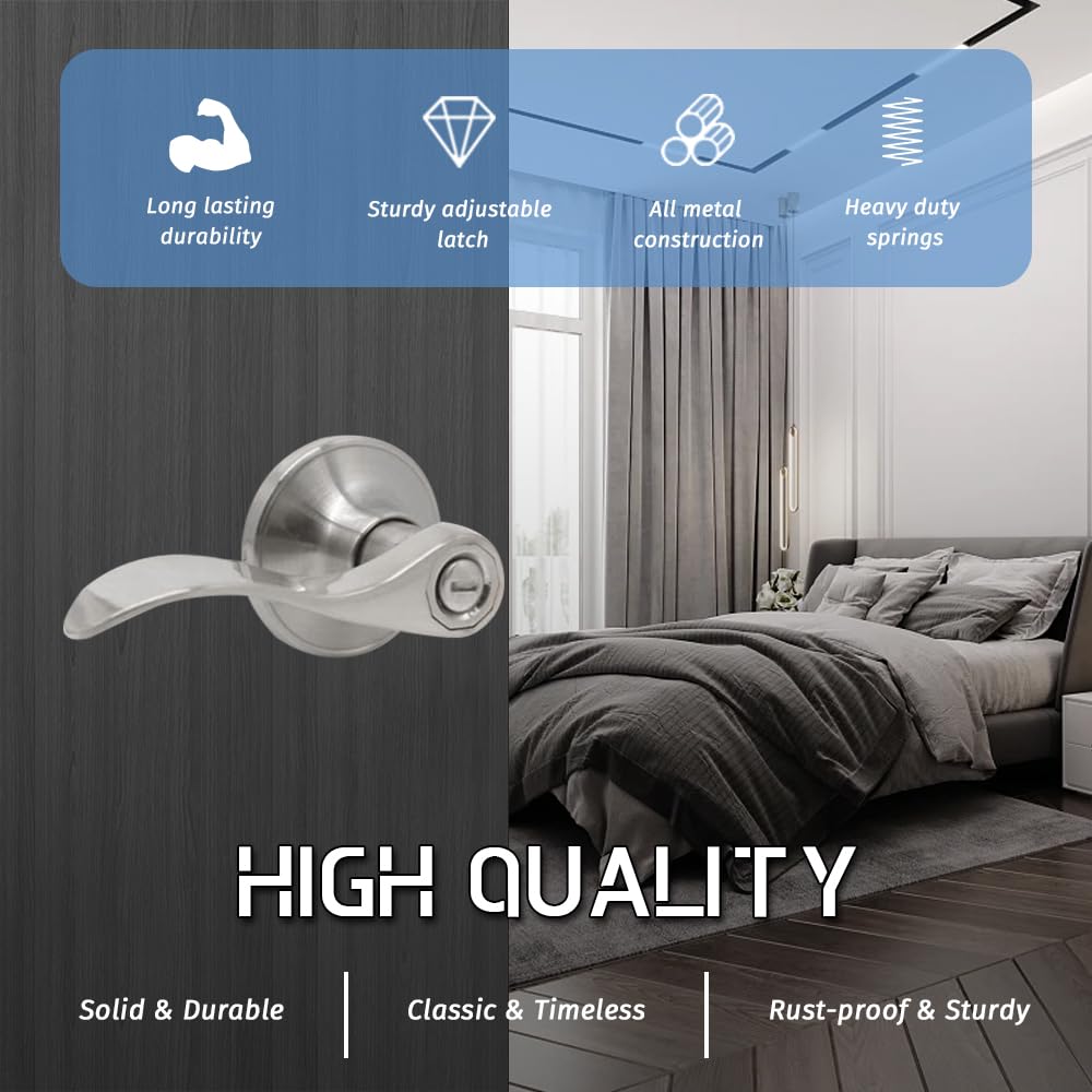 GOHATI Privacy Door Lever, Stain Nickel Interior Door Handle Keyless Wave Style Door Handle for Bedroom, 10 Pack