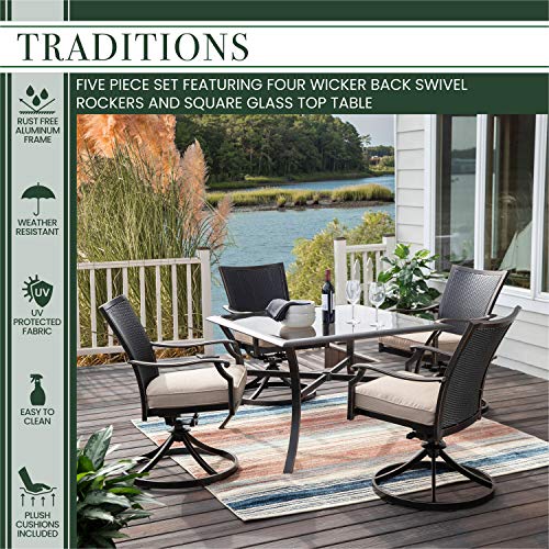 Hanover Traditions 5-Piece Outdoor Dining Set, All-Weather Patio Dining Set for 4 with Cushioned Wicker Back Cast Aluminum Swivel Rocker Chairs and 42" Glass-Top Table for Patio, Backyard, Deck, Porch
