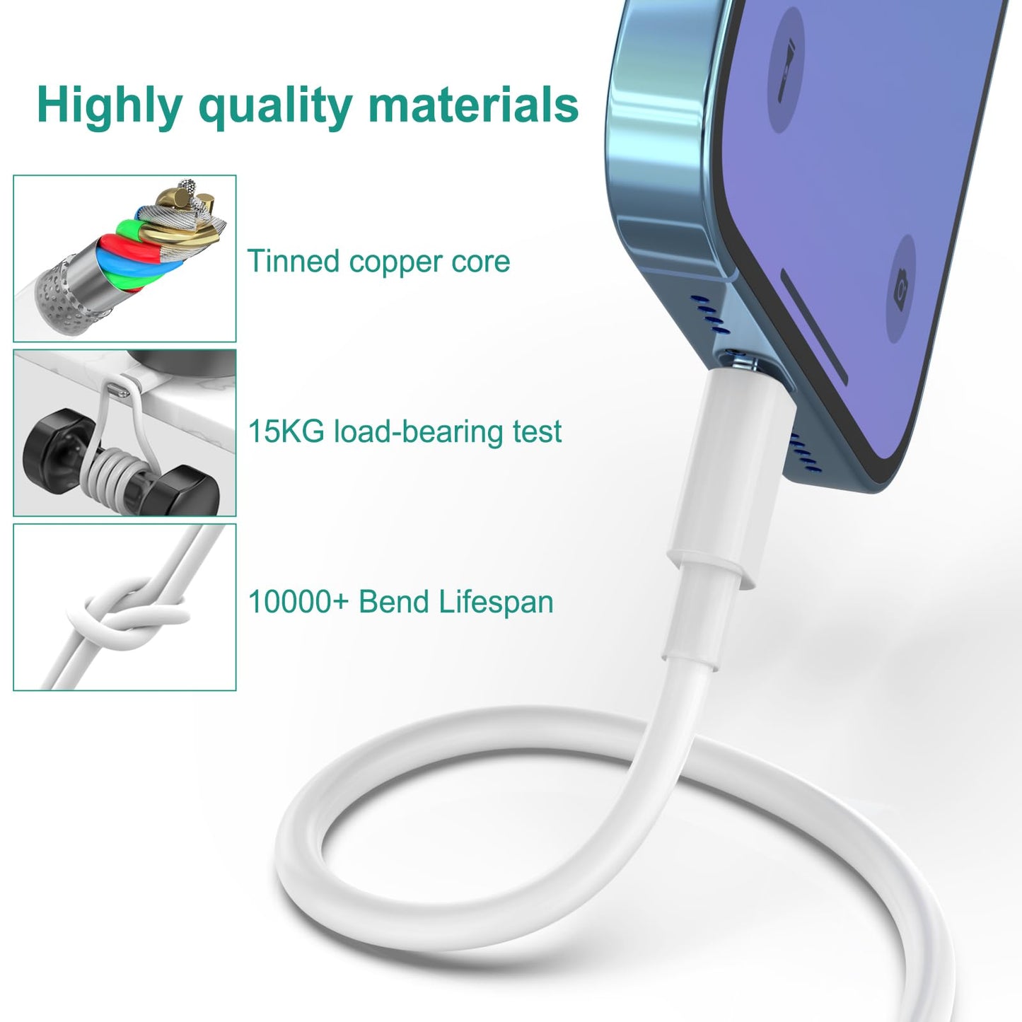 iPhone Charger Cable 3-Pack with Wall Adapter