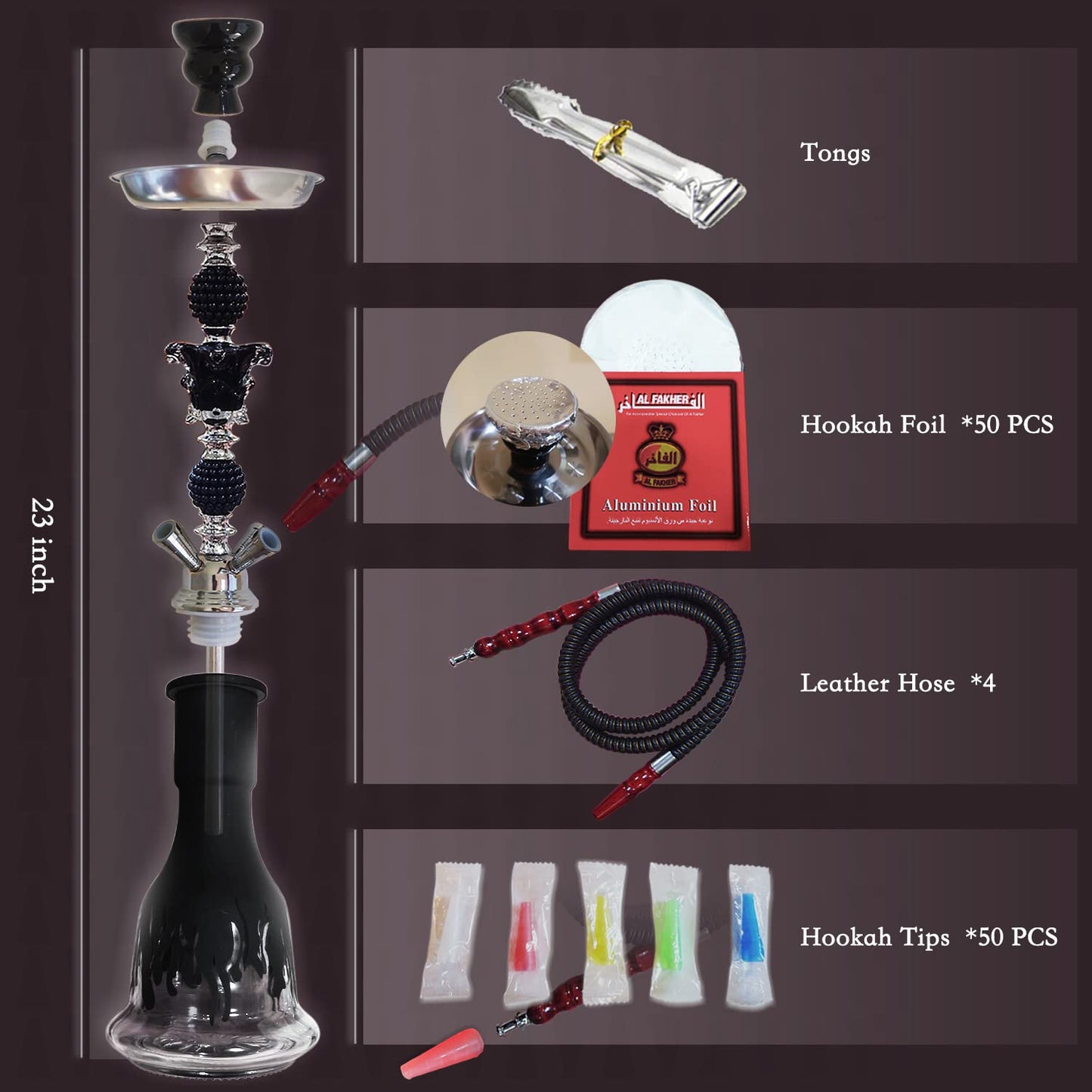23'' Premium Hookah Set, Hookah Complete Set Hookah Shisha set with Everything, 50 Disposable Tips, 50 Pre-Punched Aluminum Foil, Up To 4 Persons(Black)