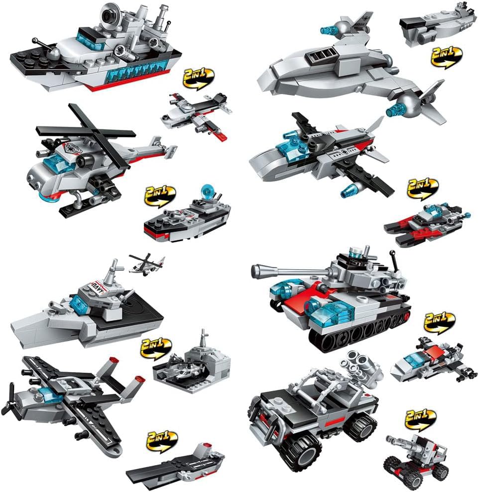 ENHANA 700 PCS Aircraft Carrier Building Blocks Set,8 in 1 Military Battleship Building Toy,17 Styles Army Vehicles Helicopter Airplane Warship Birthday Gifts for Boys