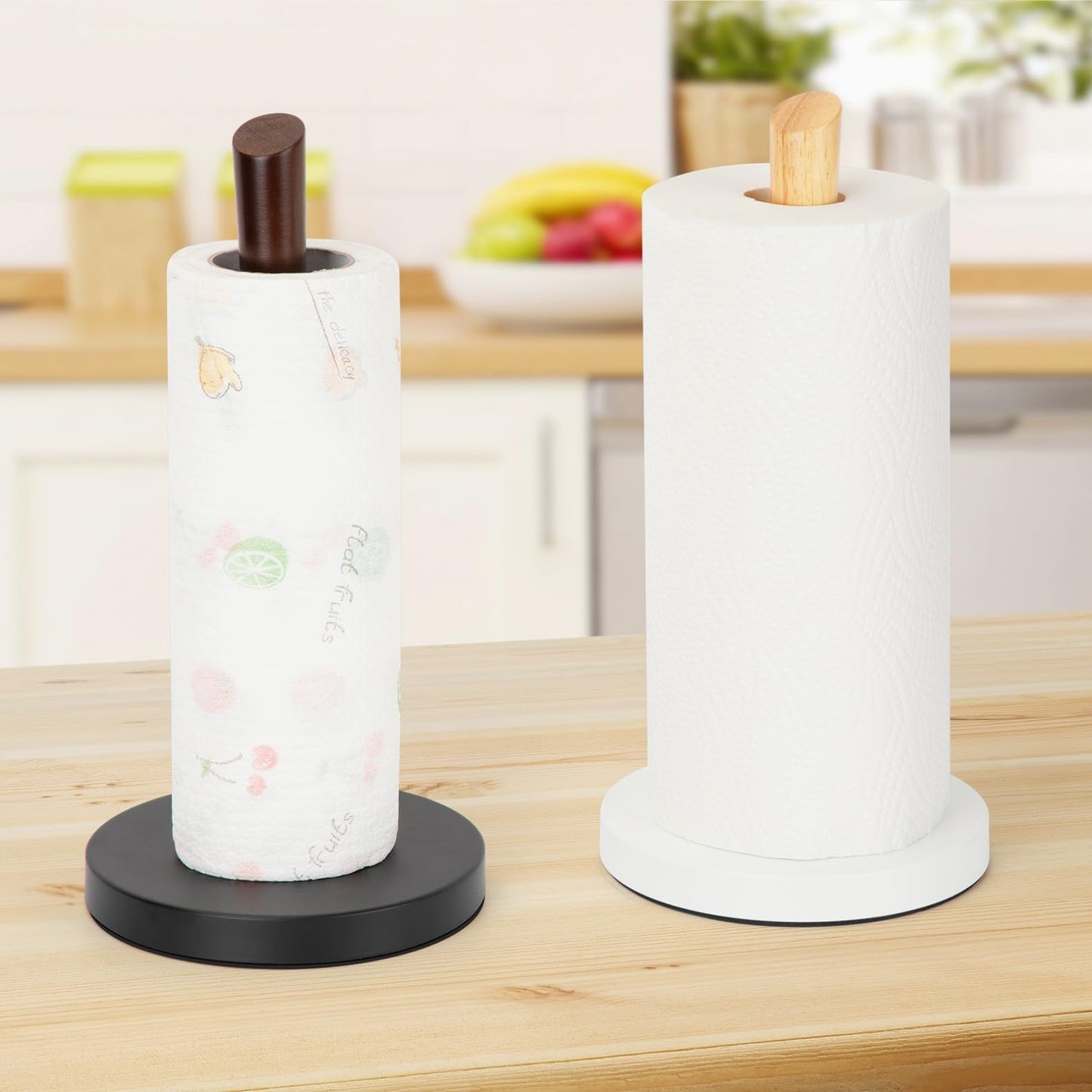 E-ROOM TREND Paper Towel Holder Wooden Natural Color Countertop with Dia 6.3" Carbon Steel Round Base, Kitchen Roll Organizer Wooden Paper Holder Stand for Dining Table Fits Standard & Jumbo Rolls