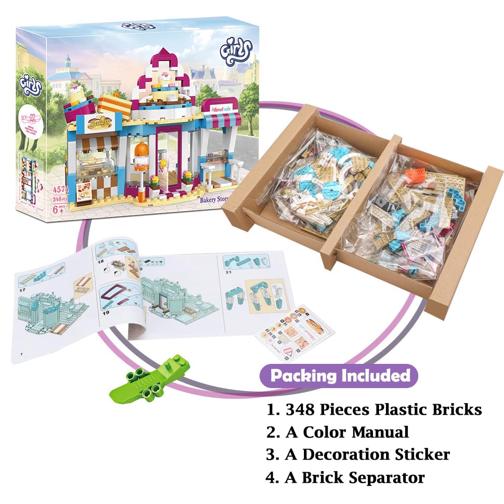 BRICK STORY Dream Girls Friends Bakery Building Sets 348 Pieces Cake Shop Baking Building Toys Dessert Store Construction Toys Christmas Birthday Gift for Kids Aged 6-12 and Up