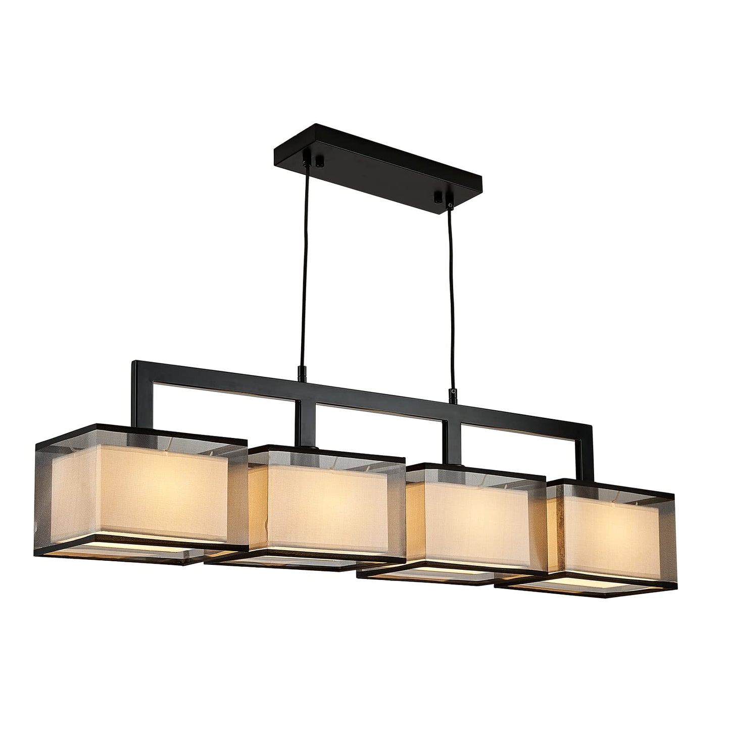 7PMBEANE Modern Rectangular Chandelier Hanging Light Fixture 4 Lights with Fabric Lampshade Adjustable for Dining Living Room Restaurant (Black)