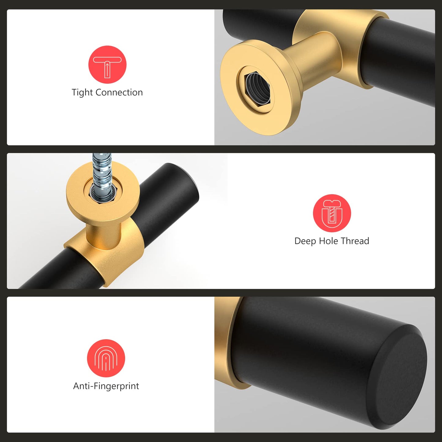 homdiy 30 Pack Cabinet Knobs Gold & Black Drawer Knobs for Dresser Cupboard Door, Modern Kitchen Cabinet Knobs Brushed Brass - Mette Black T Bar Knobs with 2 Inch Overall Length