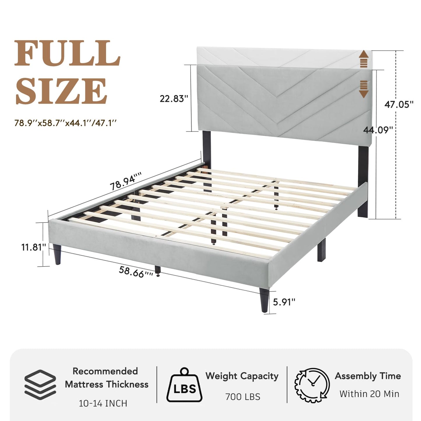 Full Size Bed Frame with Adjustable Headboard