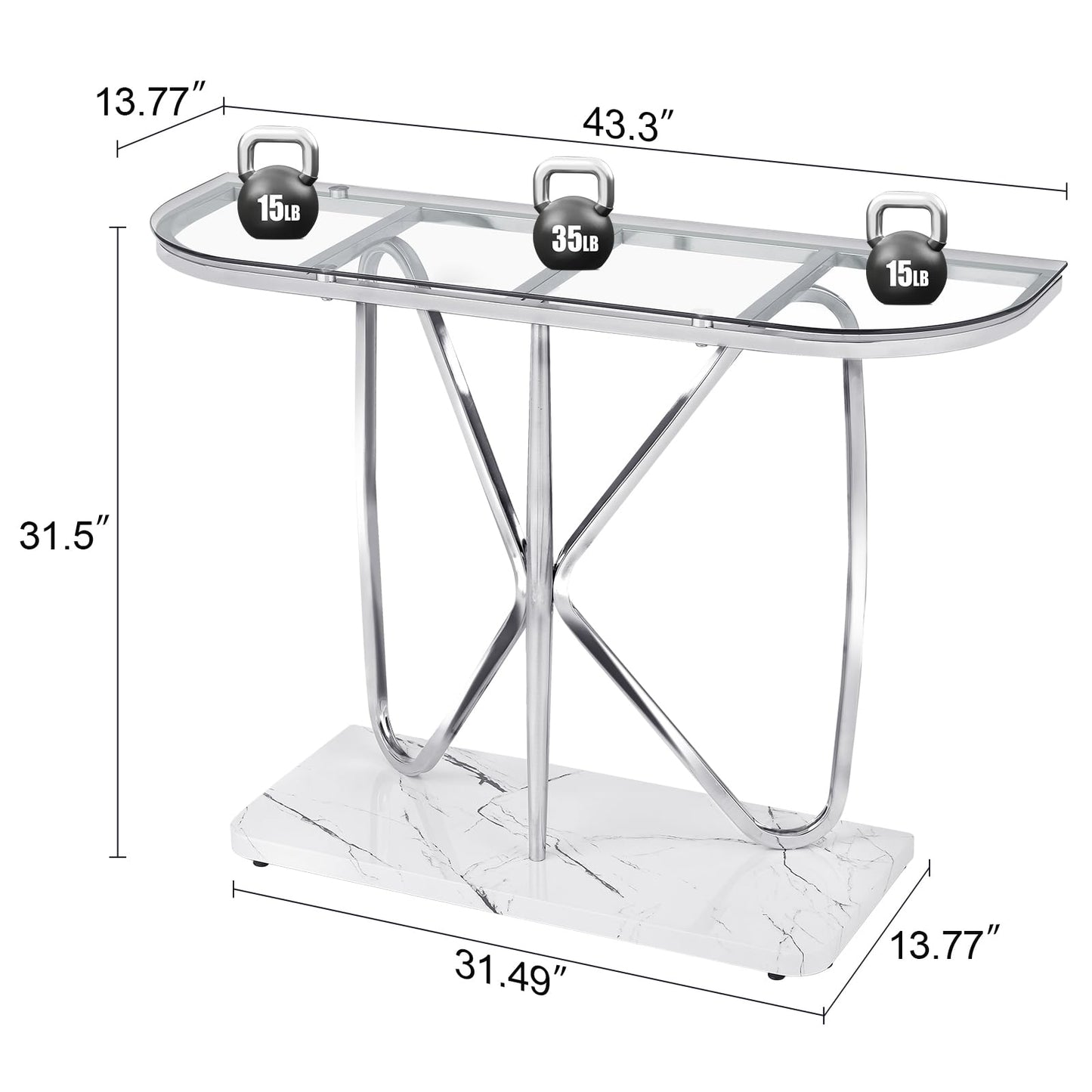 HOMISSUE Console Table, Modern Console Table with Tempered Glass Top and Chrome Frame, Glass Entryway Table with Marbling MDF Base, Chrome Console Table for Entryway, Hallway, Living Room (Silver)