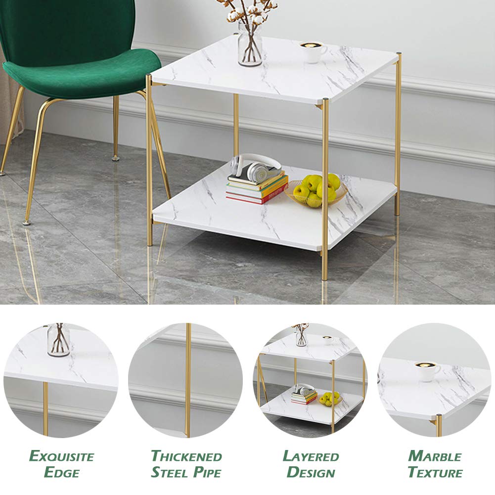 IOTXY Home Square Coffee Table - 15.7" Small 2-Tier End Table with Open Storage Shelf, White Wooden Table Top Gold Metal Frame Side Table