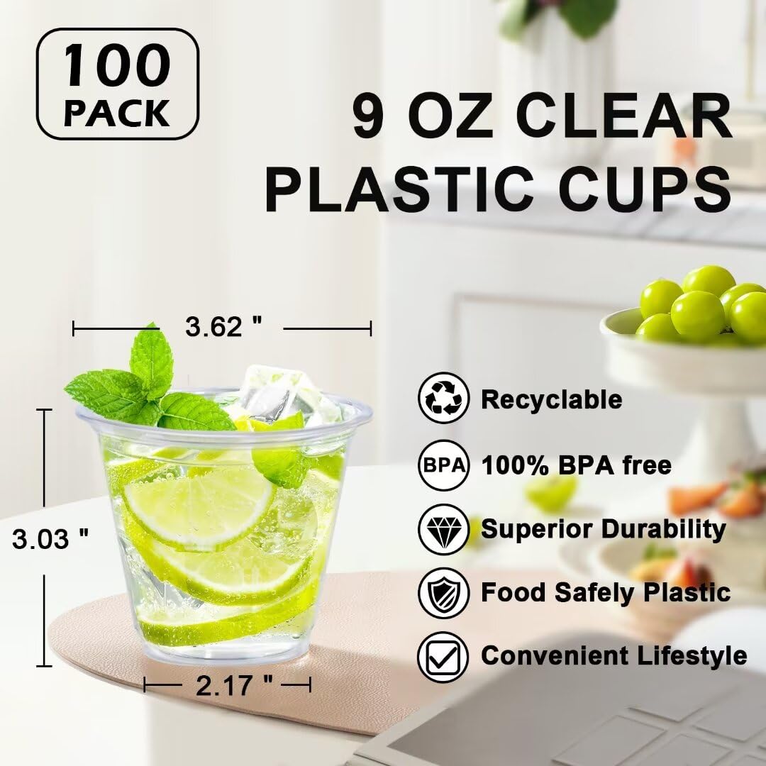 Clear Plastic Drinking Cups, 100 Pack for Parties