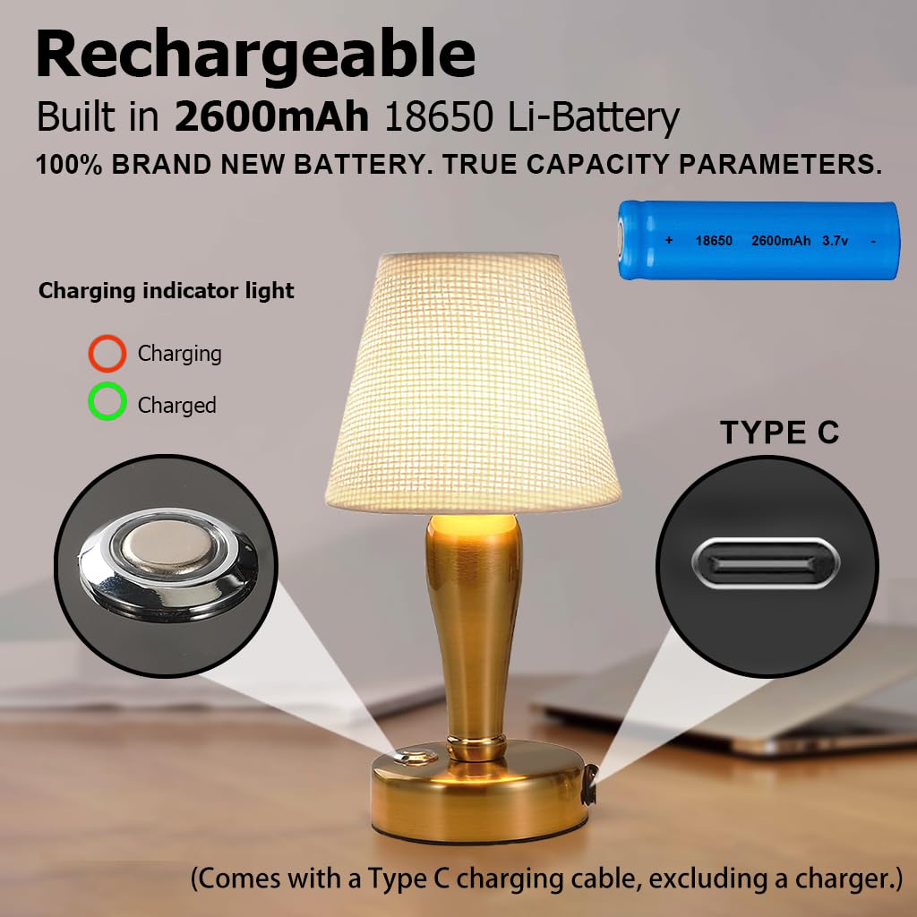 CHOPDARK 9.3inch Golden Cordless Table Lamp Night Light LED Desk Lamps Battery Powered Rechargeable Portable Bedside Lamp Restaurant Touch Sensor 3 Levels Brightness