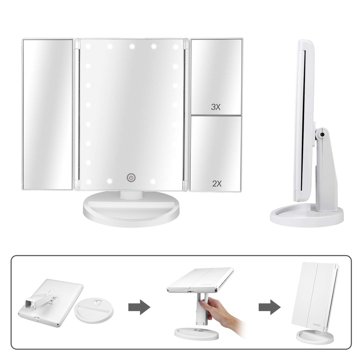 Lighted Tri-Fold Vanity Mirror with 21 LEDs