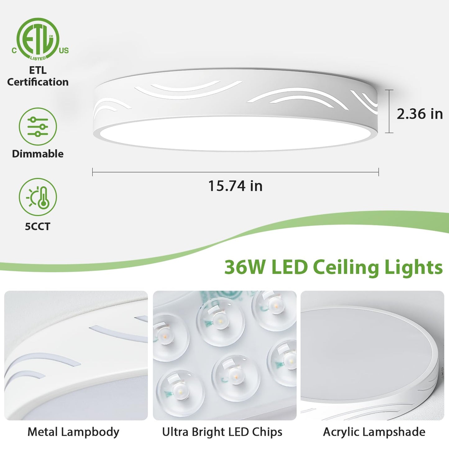 Modern Dimmable Ceiling Light Fixture,5CCT in One LED Flush Mount Kitchen Lights,Round Close to Ceiling Lamp for Bedroom Living Room Hallway Entryway Laundry Room Bathroom(White,15.75 in,ETL Listed)