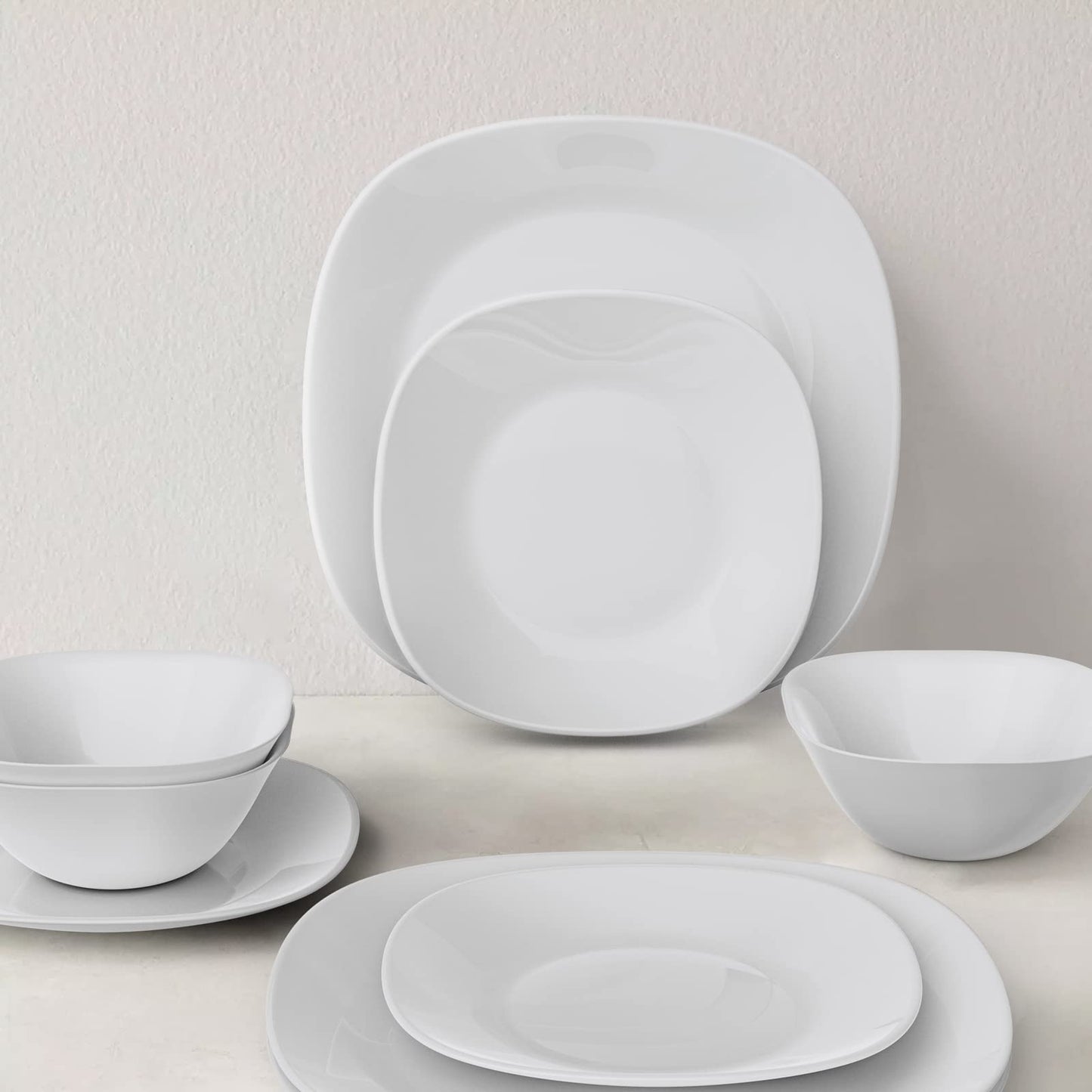 Dinnerware Set, MEKY 18-piece Opal Dishes Sets Service for 6,Square Plates and Bowls Set-White