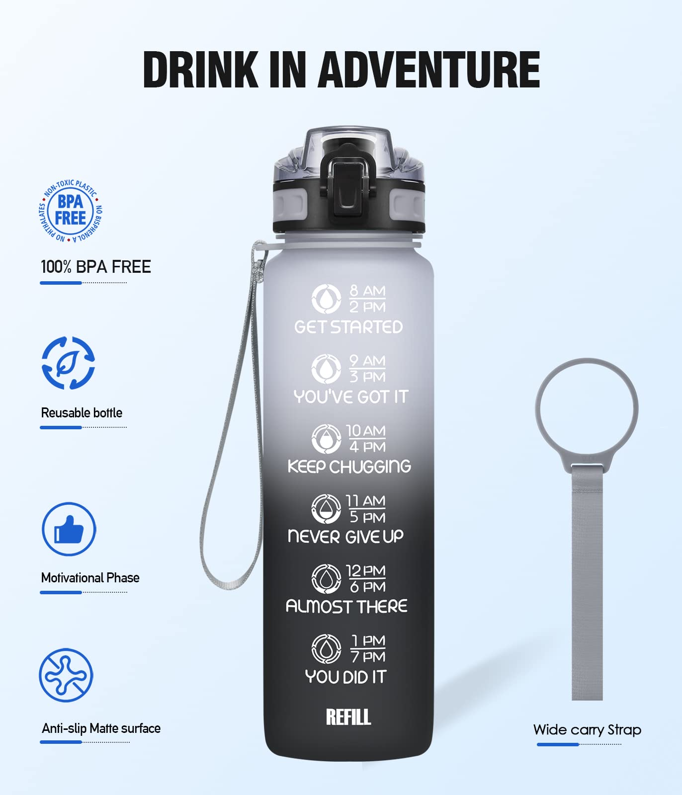 NOIFYS Motivational 32 oz/24 oz Water Bottle with Time Marker, Updated BPA Free Leak Proof Water Bottles,Options include a fruit strainer or both a strainer and straw, Perfect For Fitness Gym Outdoor