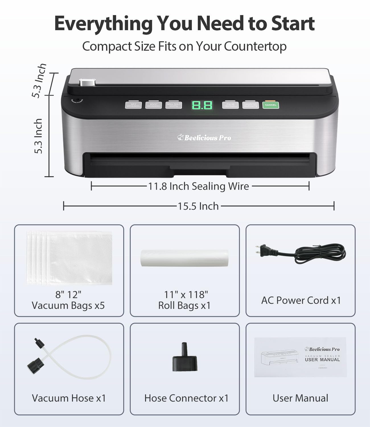 Vacuum Sealer Machine, Beeliciousยฎ 85KPA Fully Automatic 8-IN-1 Food Sealer with Bags Storage, Build-in Cutter, Moist Mode and Air Suction Hose | Digital Countdown | Sous Vide